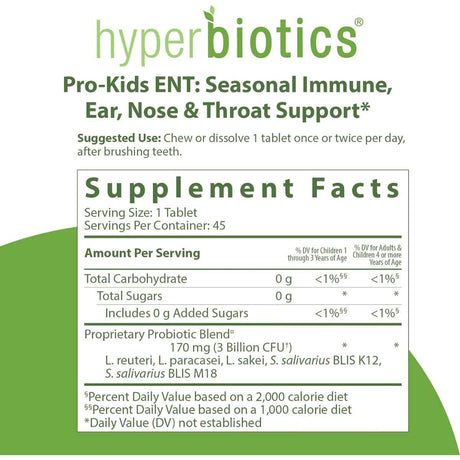 Hyperbiotics Pro-Kids ENT Refuerzo Inmunitario y Protección para Oídos, Nariz y Garganta 3 Mil Millones CFU - Sabor Fresa Vainilla - 45 Tabletas Masticable - Tabla Nutricional - Haz Tu Pedido