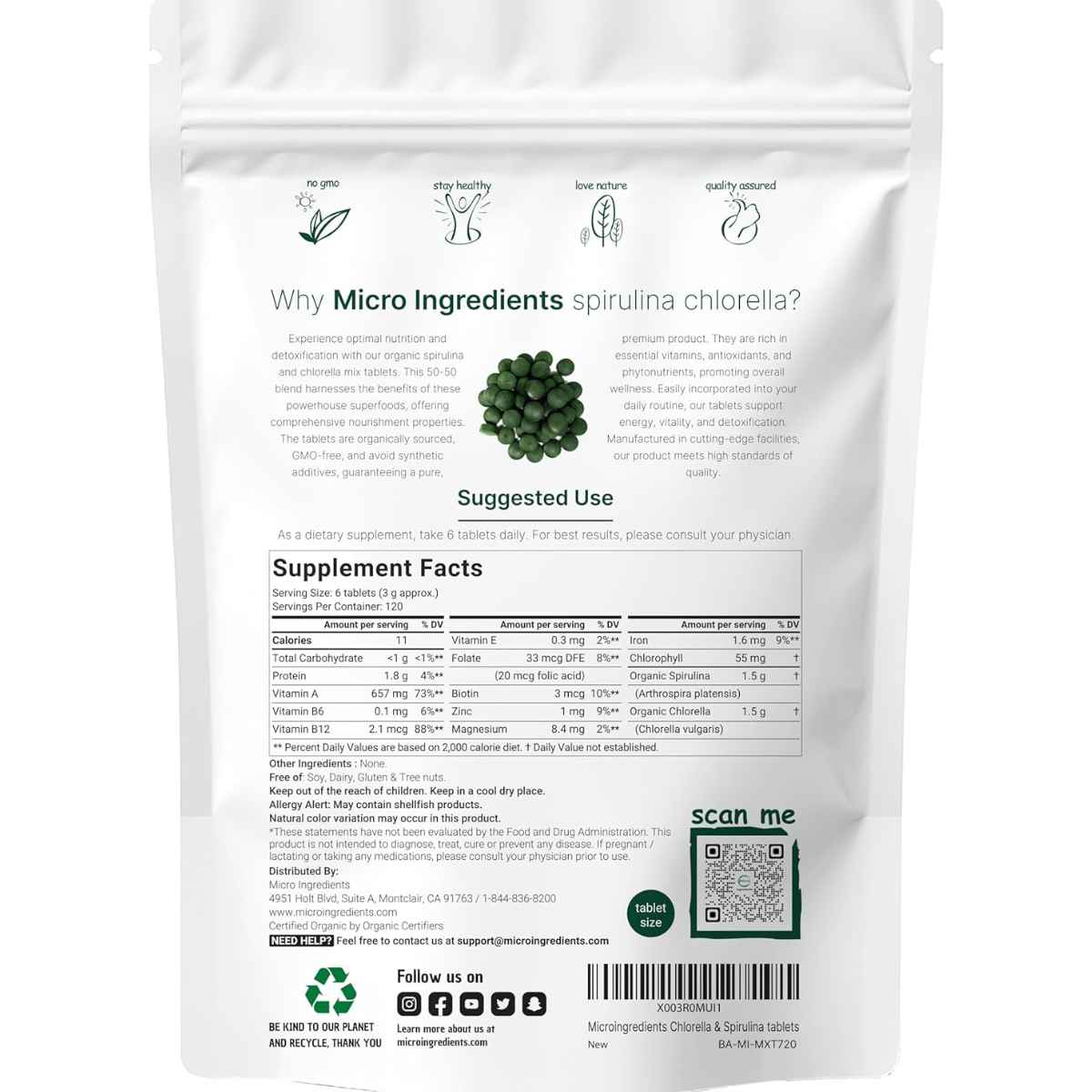 Micro Ingredients Chlorella Espirulina Orgánica - 720 Tabletas - Haz Tu Pedido