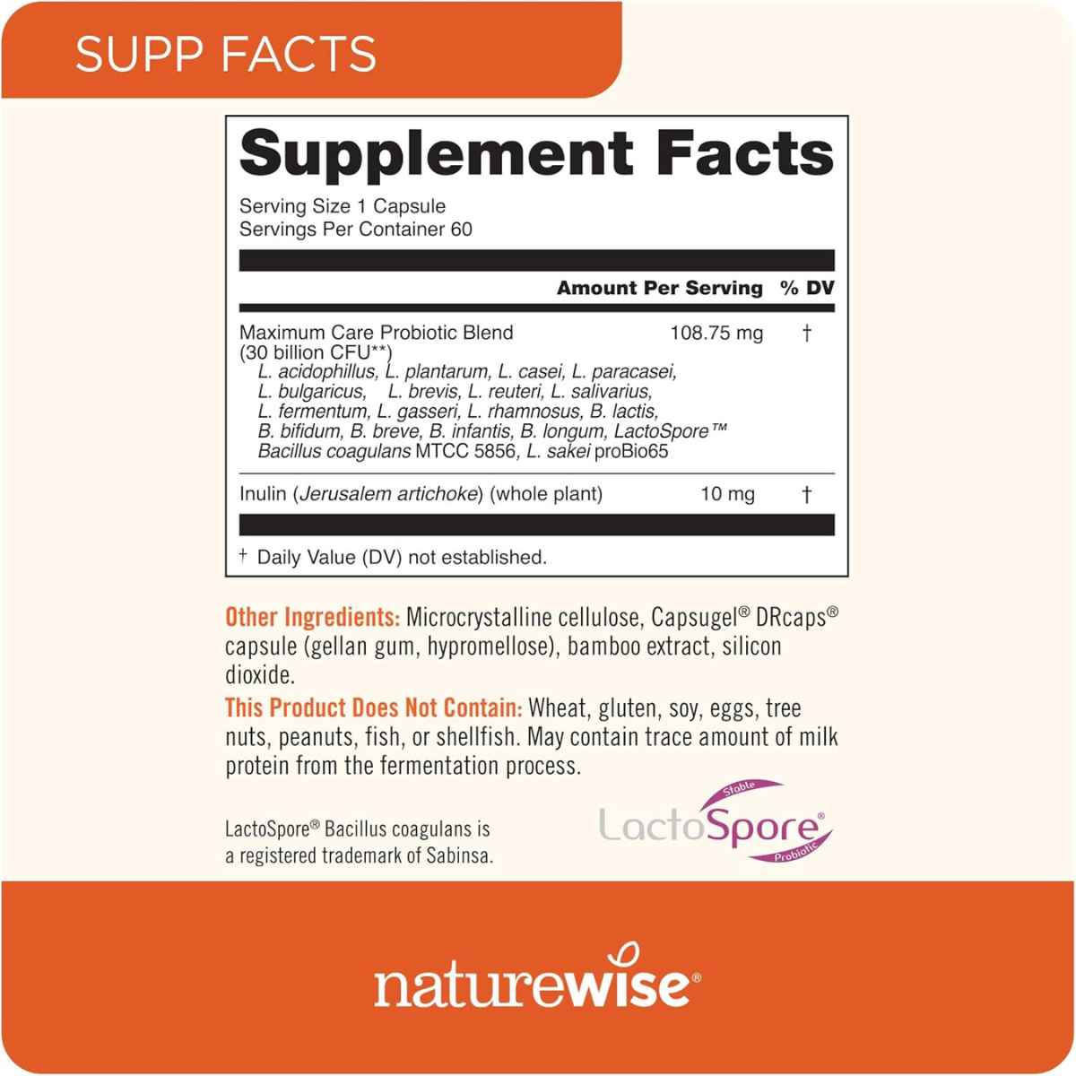 NatureWise Probióticos Max Care - 60 Cápsulas - Tabla Nutricional - Haz Tu Pedido