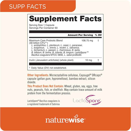 NatureWise Probióticos Max Care - 60 Cápsulas - Tabla Nutricional - Haz Tu Pedido