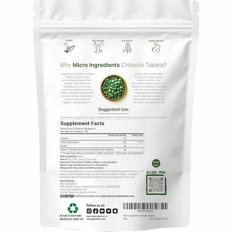 Micro Ingredients Chlorella Orgánica  - 720  Tabletas - Tabla Nutricional - Haz Tu Pedido