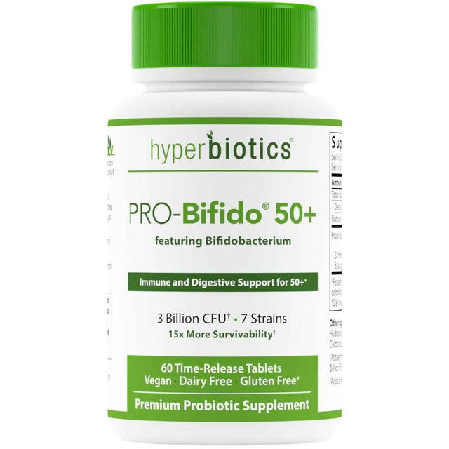 Hyperbiotics Probiótico PRO-Bifido 50+ Refuerzo Inmunitario y Digestivo para Adultos Mayores 3 Mil Millones CFU - 60 Tabletas de Liberación Prolongada - Haz Tu Pedido