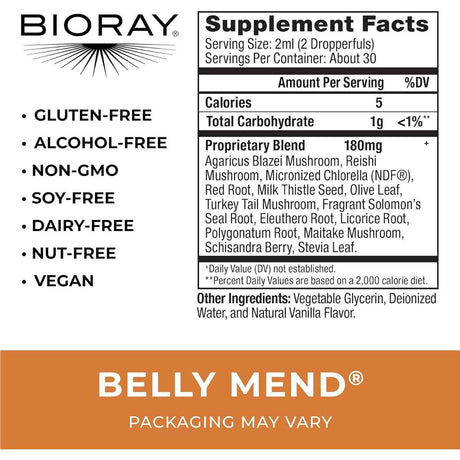Bioray Belly Mend Mezcla Probiótica con Hongos Medicinales - 60 ml - Tabla Nutricional - Haz Tu Pedido