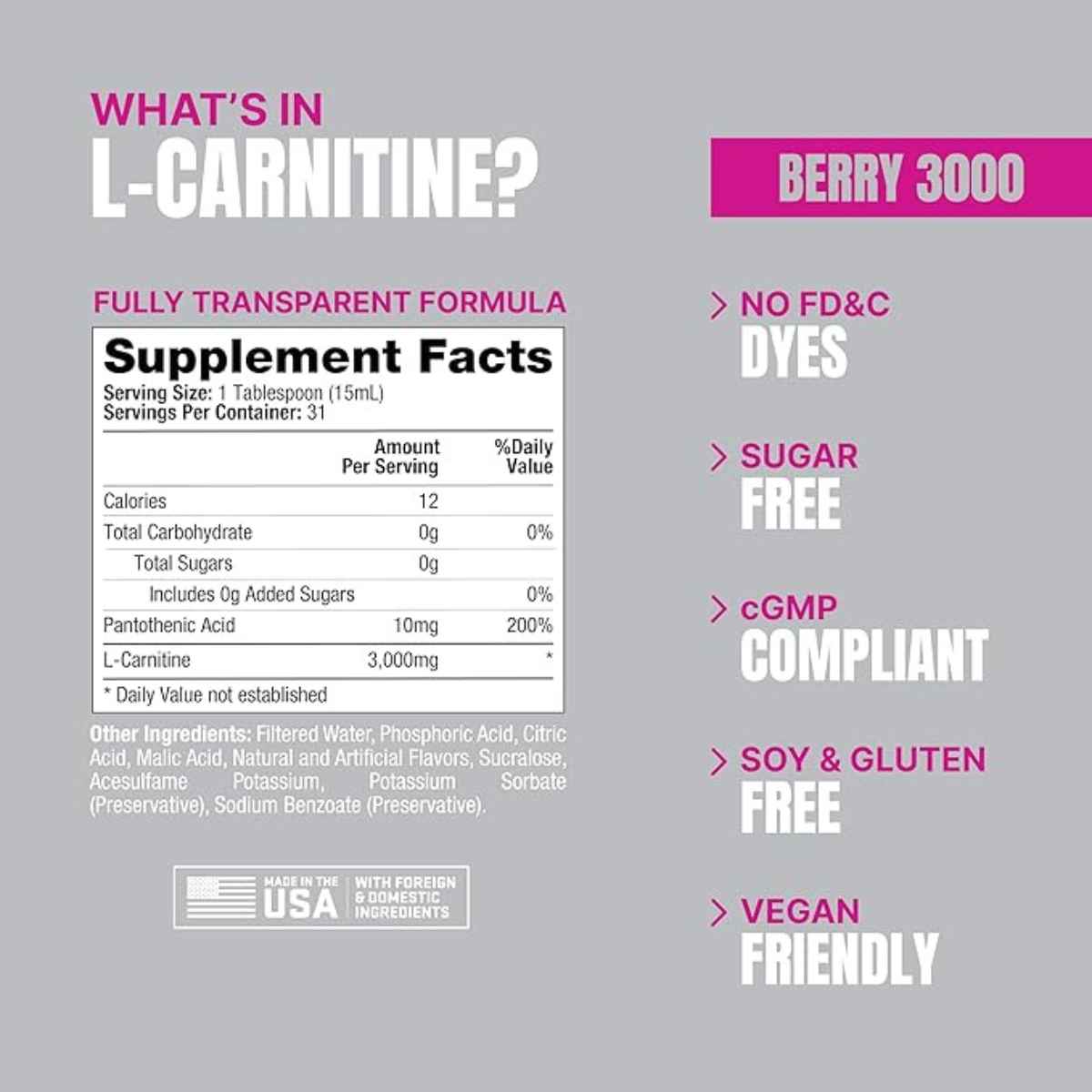 ProSupps®  L-Carnitine Líquido 3000 mg - Sabor Bayas - 437 ml - Tabla Nutricional - Haz Tu Pedido