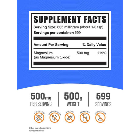 BulkSupplements Óxido de Magnesio 835 mg - 500 g - Tabla Nutricional - Haz Tu Pedido
