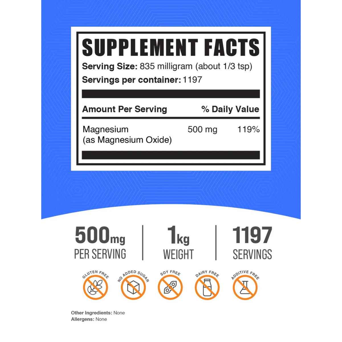 BulkSupplements Óxido de Magnesio 835 mg - 1000 g - Tabla Nutricional - Haz Tu Pedido