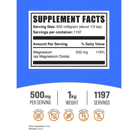 BulkSupplements Óxido de Magnesio 835 mg - 1000 g - Tabla Nutricional - Haz Tu Pedido
