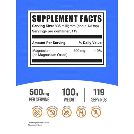 BulkSupplements Óxido de Magnesio 835 mg - 100 g - Tabla Nutricional - Haz Tu Pedido