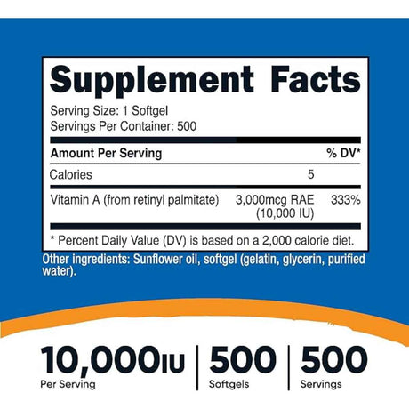 Nutricost Vitamina A 10000 IU - 500 Cápsulas Blandas - Tabla Nutricional - Haz Tu Pedido
