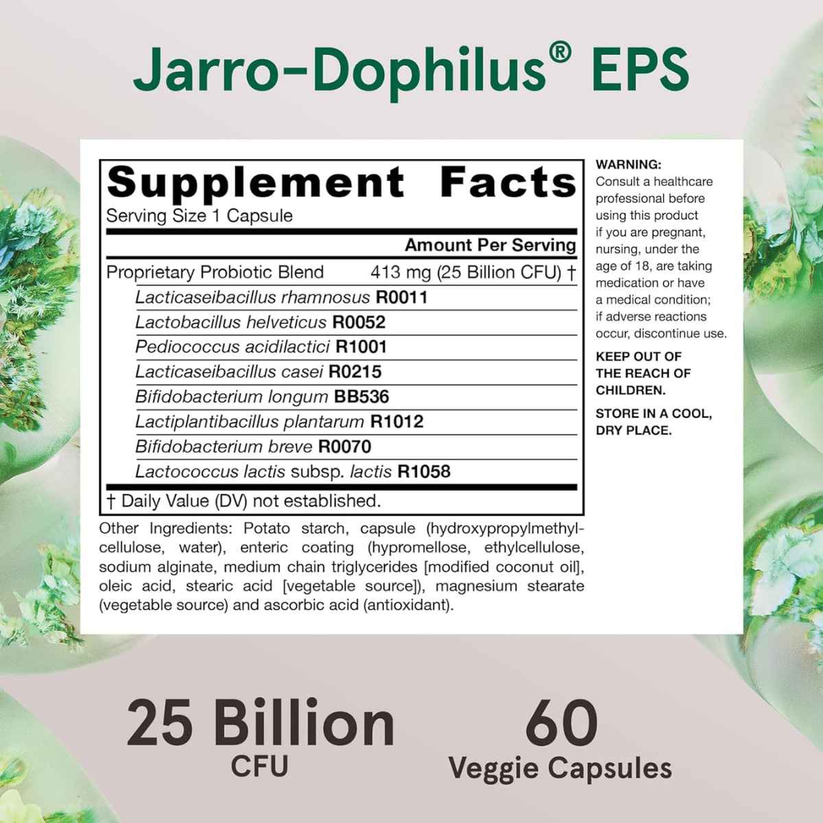 Jarrow Formulas Dophilus® EPS Probiótico 25 Mil Millones CFU - 60 Cápsulas Vegetales - Tabla Nutricional - Haz Tu Pedido