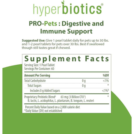 Hyperbiotics PRO-PETS Probiótico Para Perros y Gatos Soporte Digestivo e Inmunitario 3 Mil Millones CFU - 60 Microperlas de Liberación Prolongada - Tabla Nutricional - Haz Tu Pedido