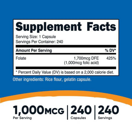 Nutricost Ácido Fólico 1000 mcg - 240 Cápsulas - Tabla Nutricional - Haz Tu Pedido