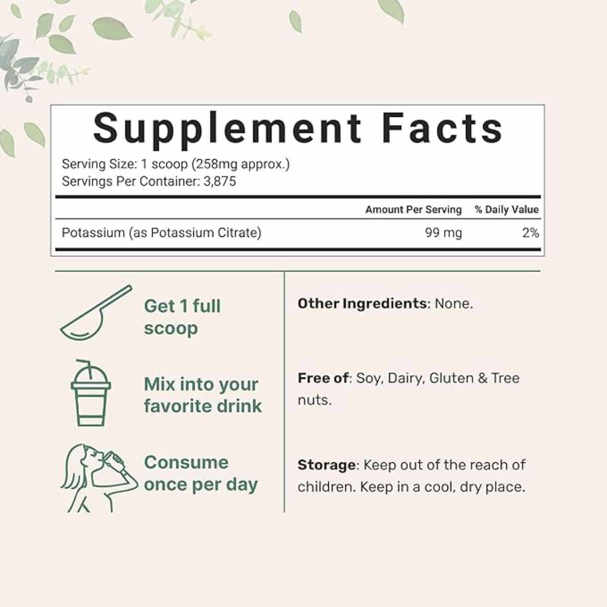 Micro Ingredients Citrato de Potasio en Polvo 99 - 1000  g - Tabla Nutricional - Haz Tu Pedido