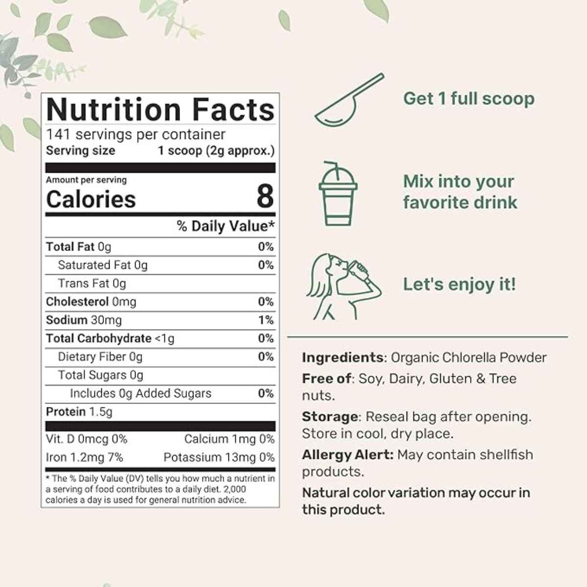 Micro Ingredients Polvo de Chlorella Orgánica - 283 g - Tabla Nutricional - Haz Tu Pedido