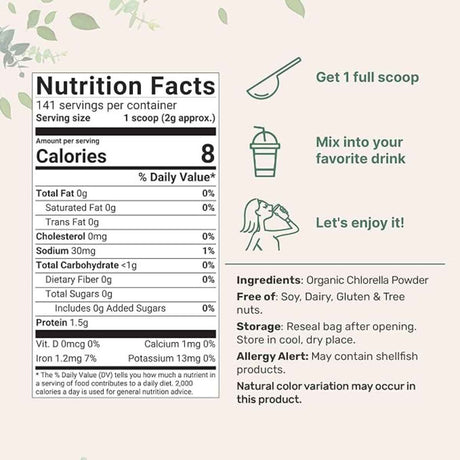 Micro Ingredients Polvo de Chlorella Orgánica - 283 g - Tabla Nutricional - Haz Tu Pedido
