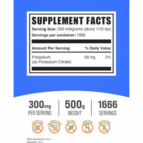 BulkSupplements.com Citrato De Potasio 300 mg - 500 g - Tabla Nutricional - Haz Tu Pedido