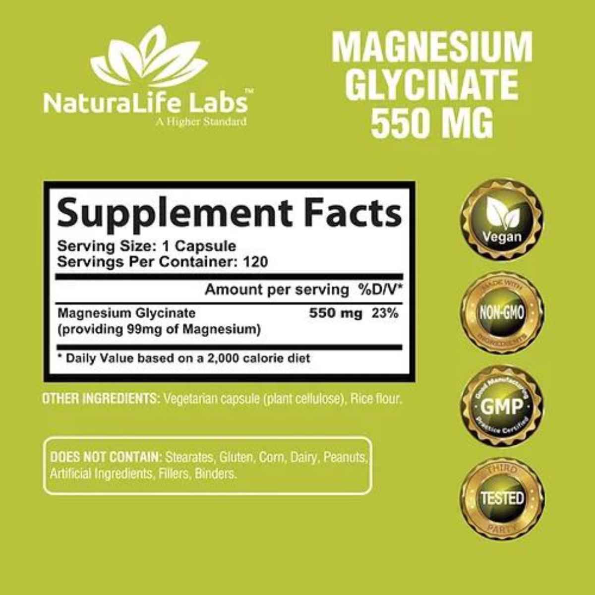 Naturalife Labs Glicinato de Magnesio  550 mg - 120 Cápsulas Vegetales - Tabla Nutricional - Haz Tu Pedido