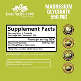 Naturalife Labs Glicinato de Magnesio  550 mg - 120 Cápsulas Vegetales - Tabla Nutricional - Haz Tu Pedido