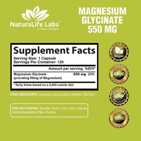 Naturalife Labs Glicinato de Magnesio  550 mg - 120 Cápsulas Vegetales - Tabla Nutricional - Haz Tu Pedido