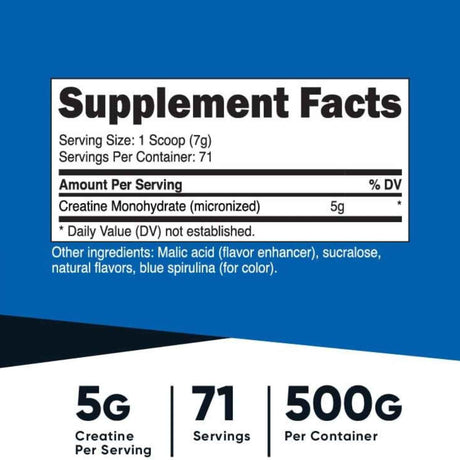Nutricost Monohidrato de Creatina 5 g - Sabor Frambuesas Azules - 500 g - Tabla Nutricional - Haz Tu Pedido