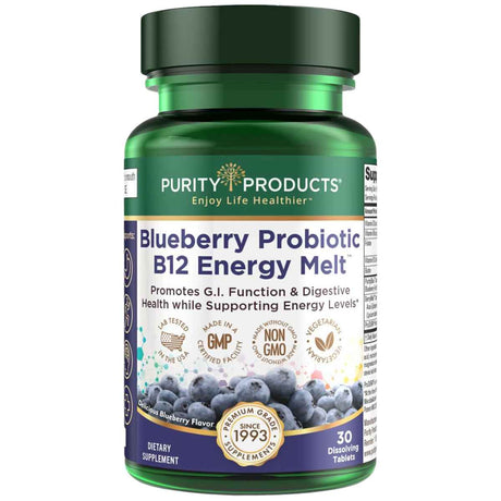Purity Products B12 Energy Melt™ Probiotico - Sabor Arándano Azul - 30 Tabletas para Disolver - Haz Tu Pedido