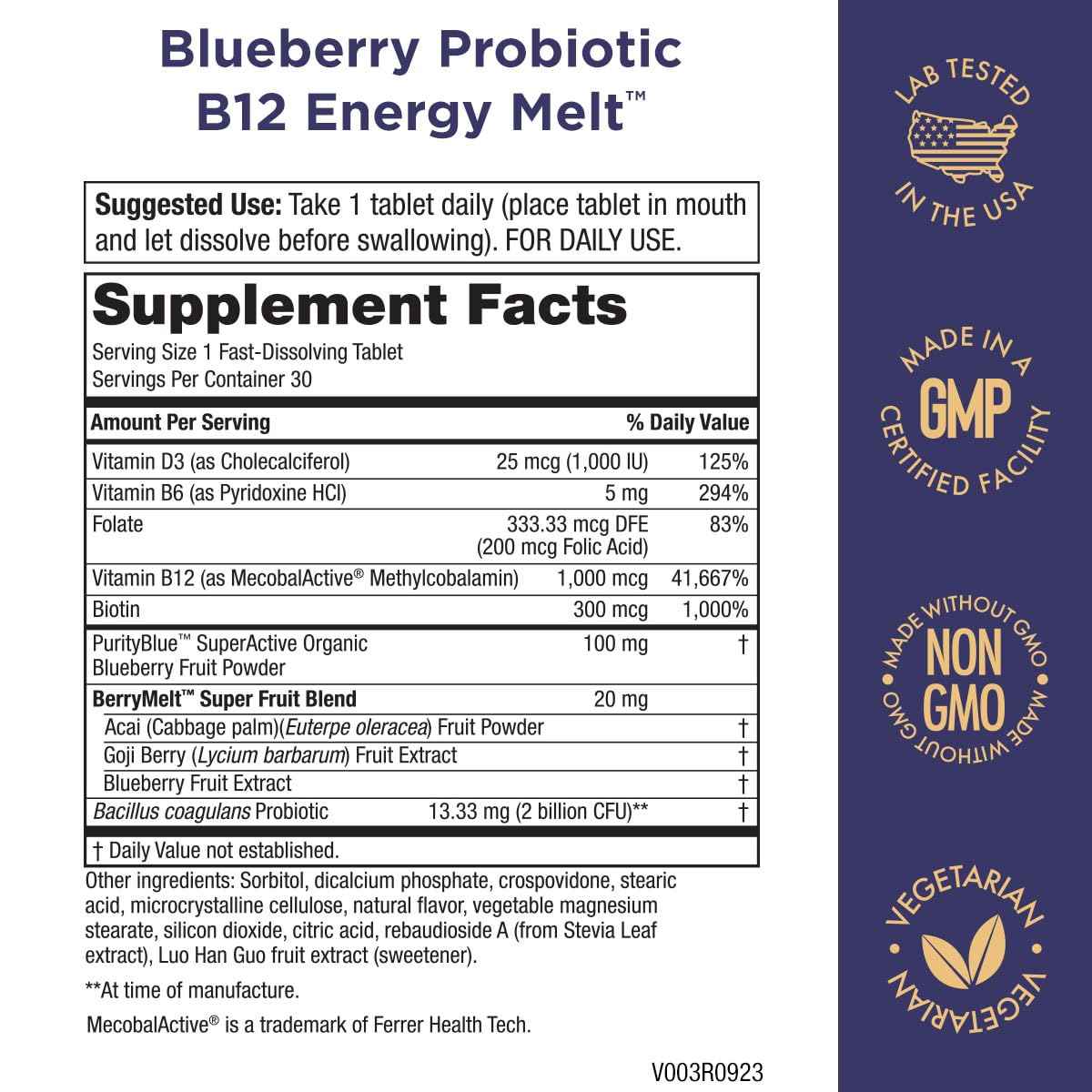 Purity Products B12 Energy Melt™ Probiotico - Sabor Arándano Azul - 30 Tabletas para Disolver - Tabla Nutricional - Haz Tu Pedido
