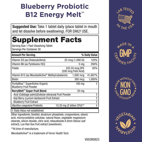 Purity Products B12 Energy Melt™ Probiotico - Sabor Arándano Azul - 30 Tabletas para Disolver - Tabla Nutricional - Haz Tu Pedido