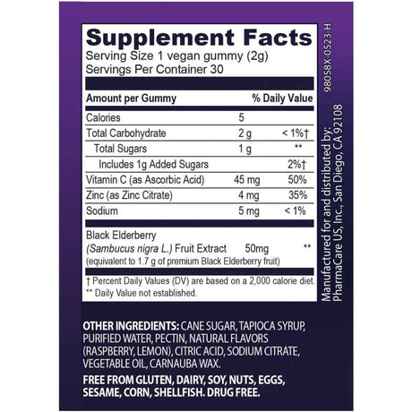 Sambucol Black Elderberry with Vitamin C & Zinc - 30 Gomitas - Tabla Nutricional Haz Tu Pedido