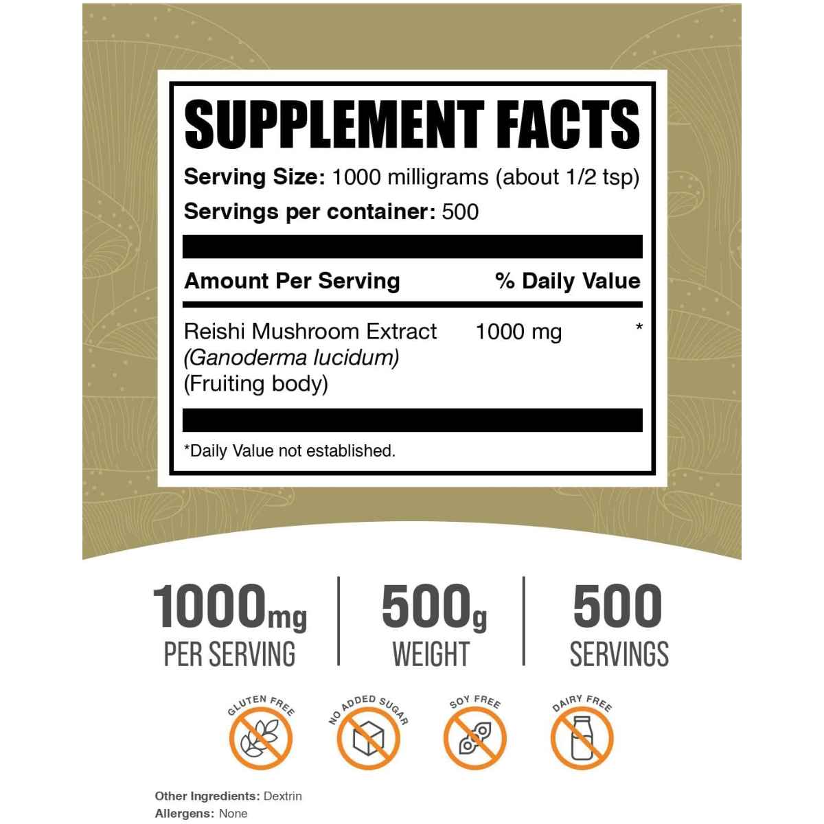 BulkSupplements.com Reishi Inmunidad y Bienestar - Tabla Nutricional - Haz Tu Pedido