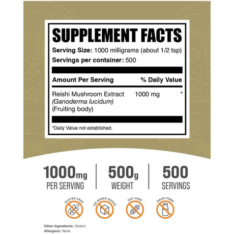 BulkSupplements.com Reishi Inmunidad y Bienestar - Tabla Nutricional - Haz Tu Pedido