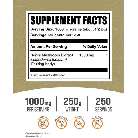 BulkSupplements.com Reishi Inmunidad y Bienestar - Tabla Nutricional - Haz Tu Pedido