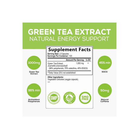 Nature's Nutrition Extracto de Té Verde 1000 mg - 240 Cápsulas Vegetales - Tabla Nutricional - Haz Tu Pedido