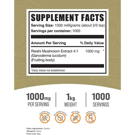 BulkSupplements.com Reishi Inmunidad y Bienestar - Tabla Nutricional - Haz Tu Pedido