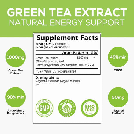 Nature's Nutrition Extracto de Té Verde 1000 mg - 60 Cápsulas Vegetales - Tabla Nutricional - Haz Tu Pedido