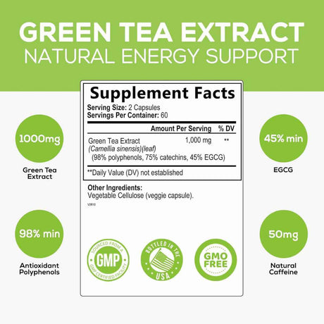 Nature's Nutrition Extracto de Té Verde 1000 mg - 120 Cápsulas Vegetales - Tabla Nutricional - Haz Tu Pedido