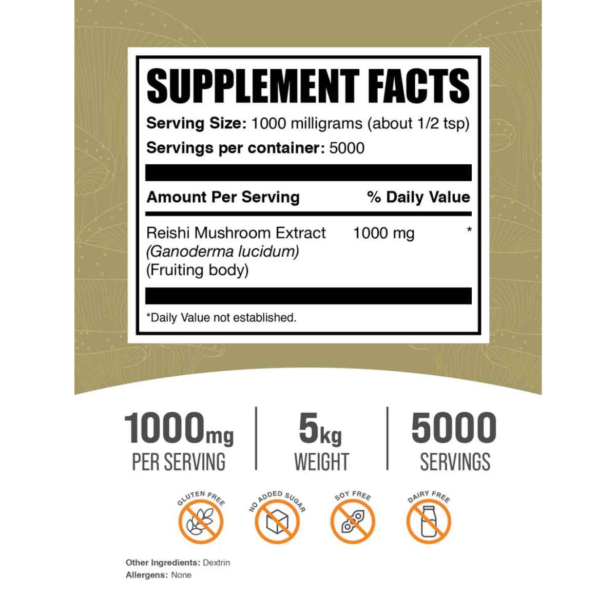 BulkSupplements.com Reishi Inmunidad y Bienestar - Tabla Nutricional - Haz Tu Pedido