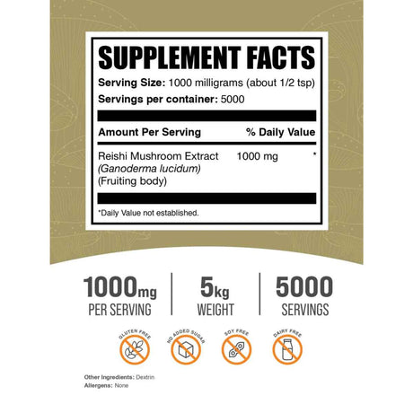 BulkSupplements.com Reishi Inmunidad y Bienestar - Tabla Nutricional - Haz Tu Pedido