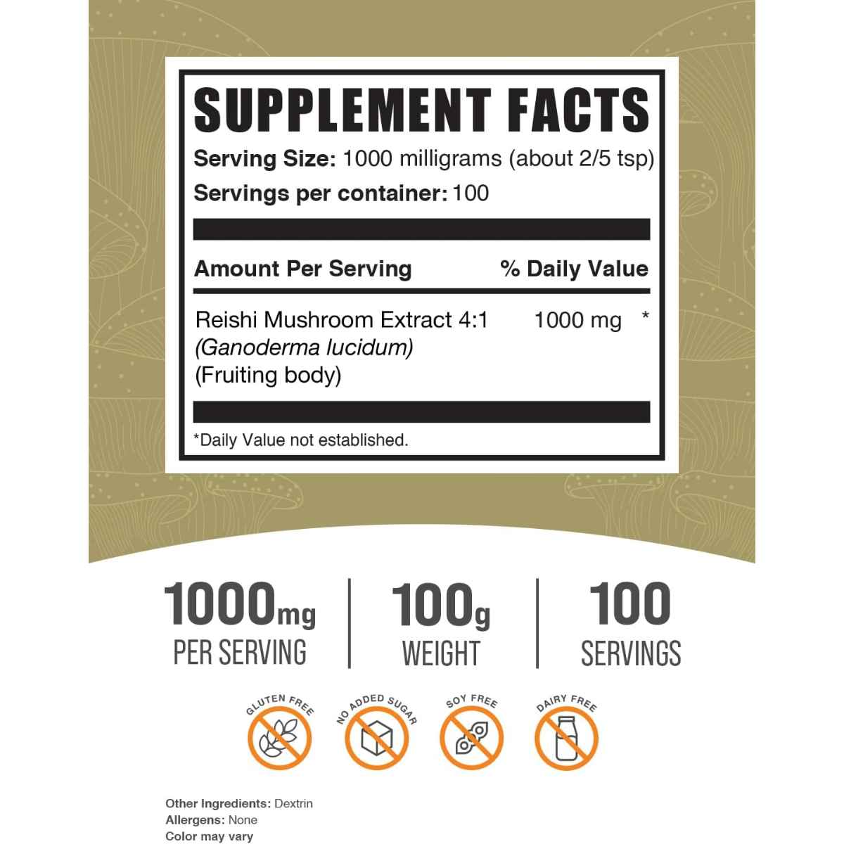 BulkSupplements.com Reishi Inmunidad y Bienestar - Tabla Nutricional - Haz Tu Pedido