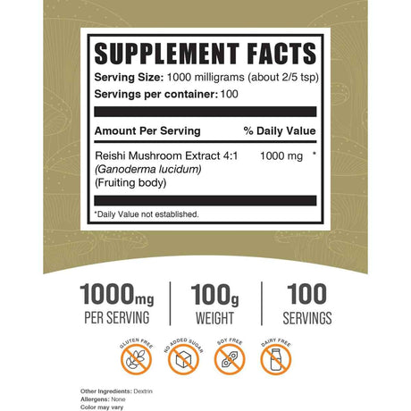 BulkSupplements.com Reishi Inmunidad y Bienestar - Tabla Nutricional - Haz Tu Pedido