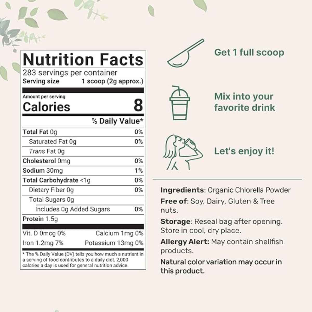 Micro Ingredients Polvo de Chlorella Orgánica - 567 g - Tabla Nutricional - Haz Tu Pedido