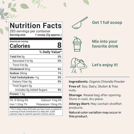 Micro Ingredients Polvo de Chlorella Orgánica - 567 g - Tabla Nutricional - Haz Tu Pedido