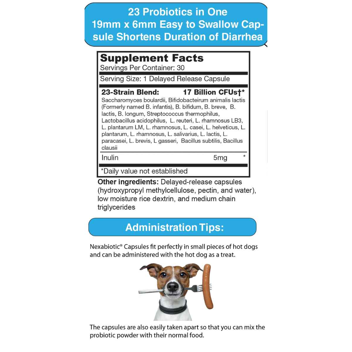 DrFormulas  Nexabiotic Probiótico Para Perros 17 Mil Millones CFU - 30 Cápsulas de Liberación Retardada - Tabla Nutricional - Haz Tu Pedido