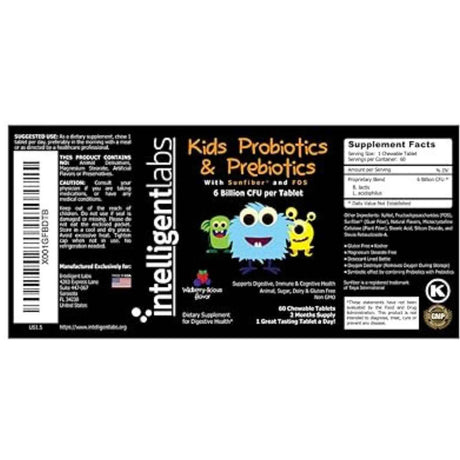 Intelligent Labs Probióticos Con Prebióticos Para Niños 6 Mil Millones CFU - Sabor Cereza Silvestre - 60 Tabletas Masticable - Tabla Nutricional - Haz Tu Pedido
