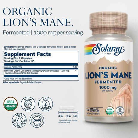 Solaray Fermented Lions Mane Mushroom - 60 Cápsulas Veganas