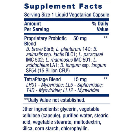 Life Extension FLORASSIST Probiótico Gastrointestinal con Fagos - 30 Cápsulas Vegetarianas Líquidas - Tabla Nutricional - Haz Tu Pedido