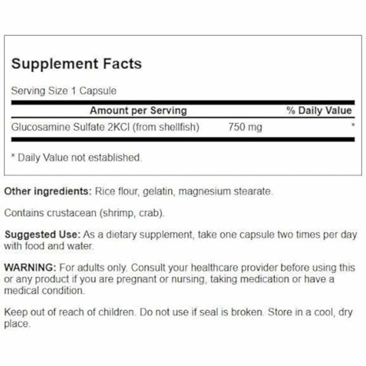 Swanson Glucosamina  750 mg - 120  Cápsulas - Tabla Nutricional - Haz Tu Pedido
