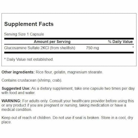 Swanson Glucosamina  750 mg - 120  Cápsulas - Tabla Nutricional - Haz Tu Pedido