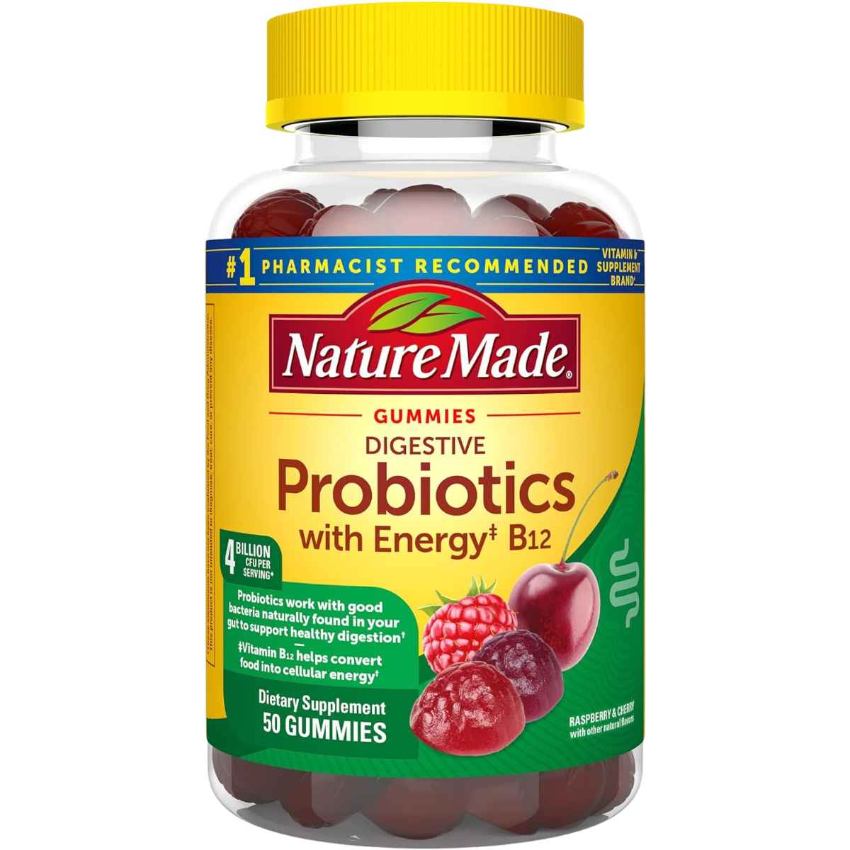 Nature Made Probiótico Digestivo con Energía B12 4 Mil Millones CFU - Sabor Frambuesa y Cereza - 50 Gomitas - Haz Tu Pedido