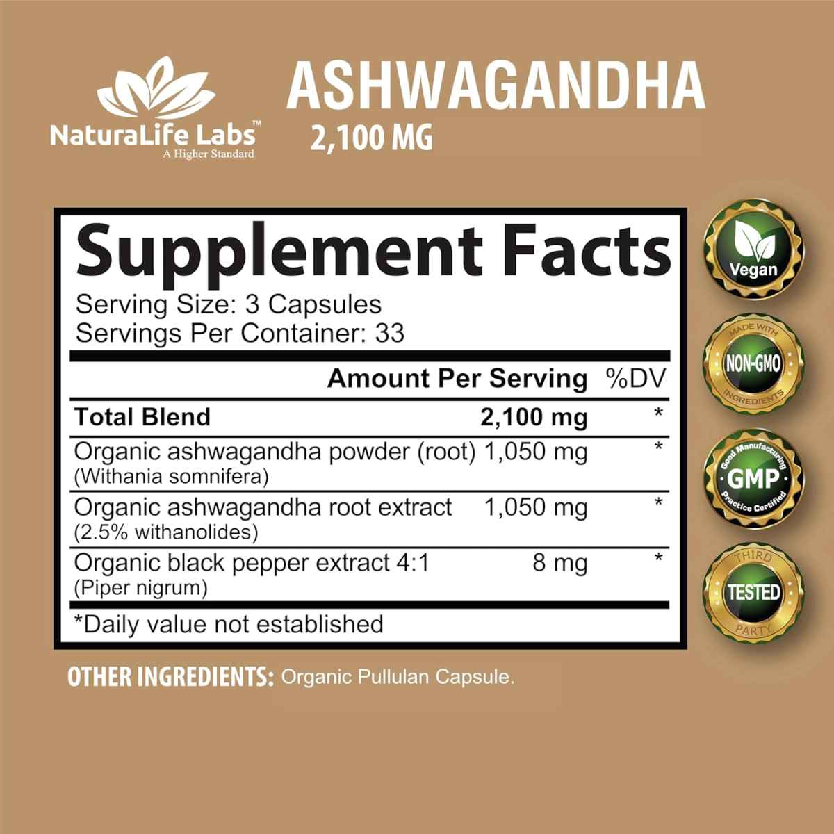 Naturalife Labs Ashwagandha 2100 mg - 100 Cápsulas Vegetales - Tabla nutricional - Haz Tu Pedido