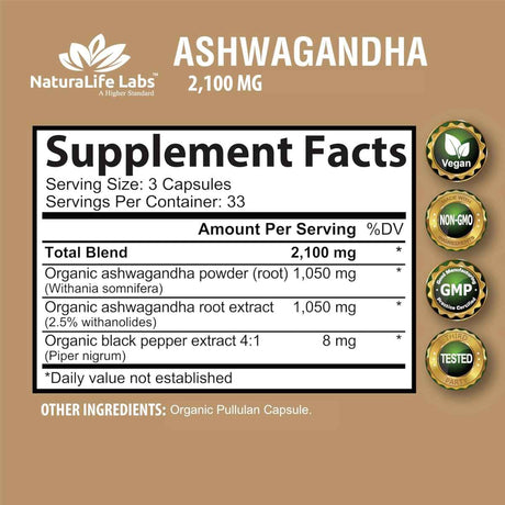 Naturalife Labs Ashwagandha 2100 mg - 100 Cápsulas Vegetales - Tabla nutricional - Haz Tu Pedido